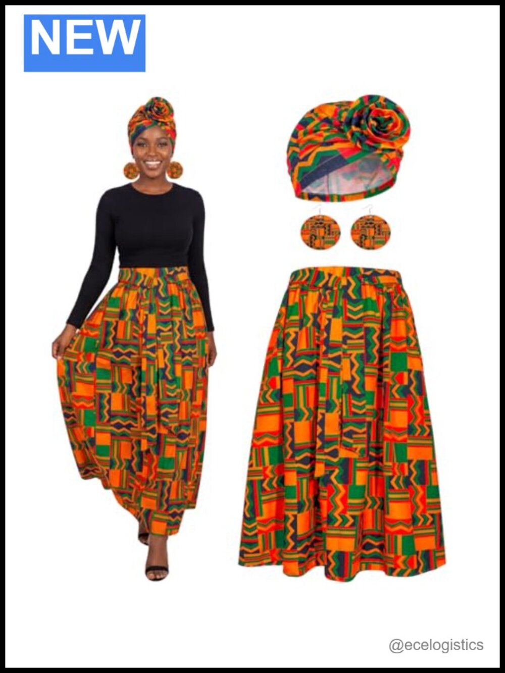 African Print Maxi Skirt Set with Head Wrap and Wooden Earrings